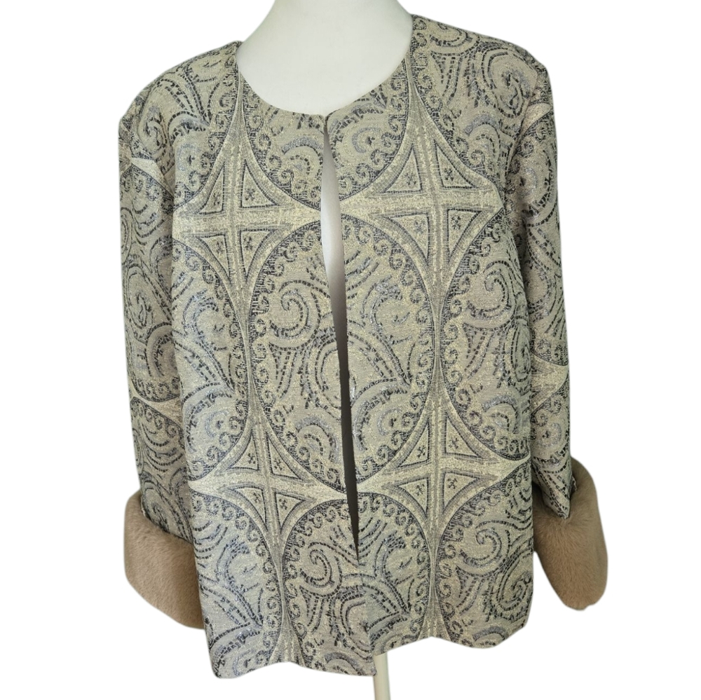 Chico's Convertible Faux Fur Cuff Jacquard Jacket In Grey/Blue - Picture 4 of 10
